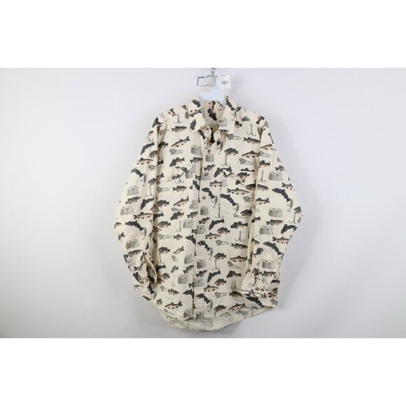 Vtg 90s Streetwear Mens Large Fishing Fish All Over Print Collared Button Shirt - Picture 1 of 11